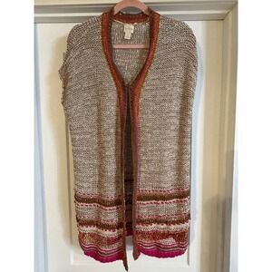 Chicos Knit‎ Open Front Vest Cardigan Tan Pink Gold Metallic Trim Size 2 Duster